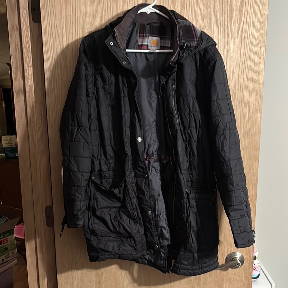Women’s Carhartt Black Puffer Rain Jacket with Hood Weather-Resistant